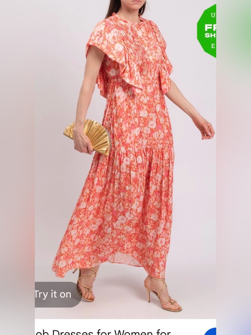 Hale Bob Coral Floral Ruffle Maxi Dress